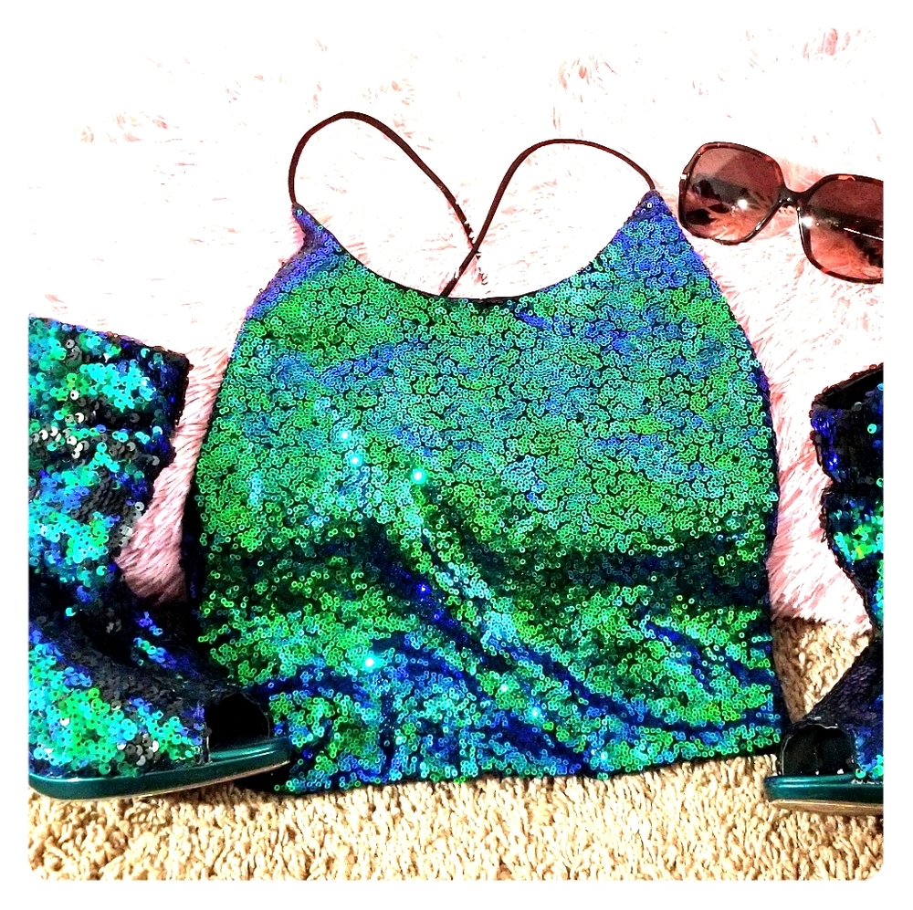 Green sequin crop top